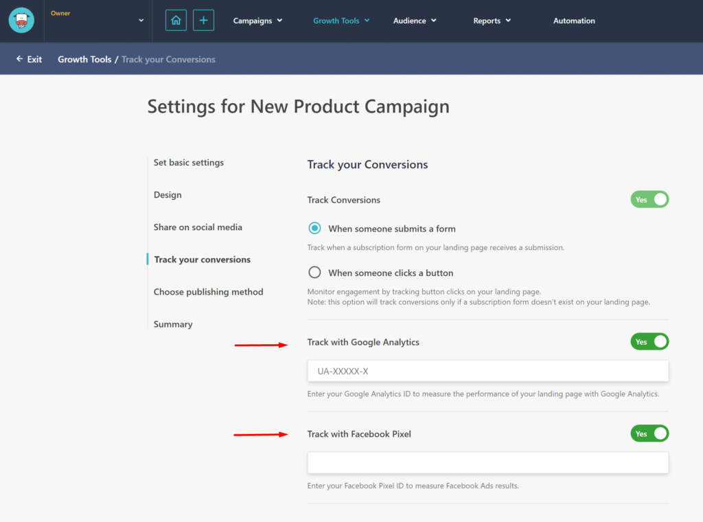 Moosend landing page analytics
